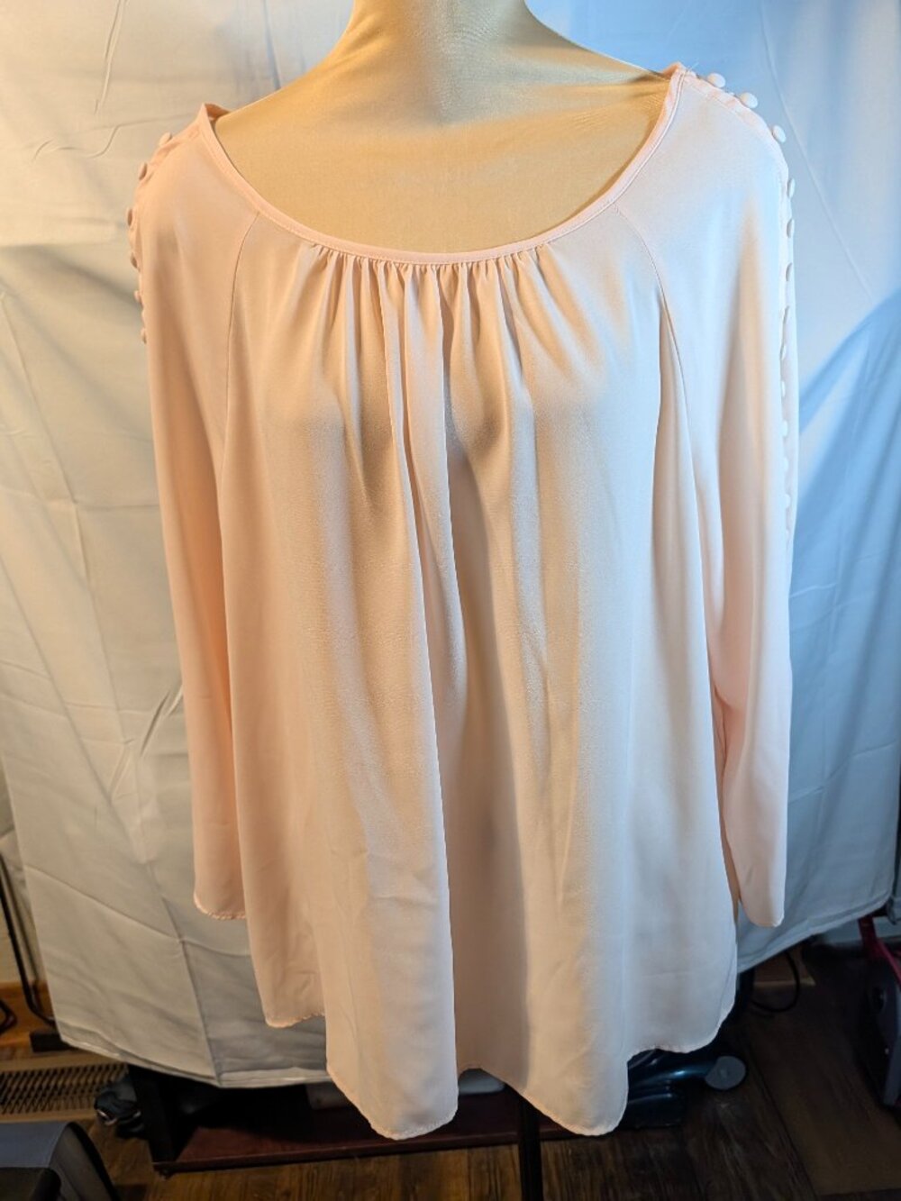 Investments Blouse Womens Sz L Button Placket Sleeve Scoop Nck Gathered Frnt VTG